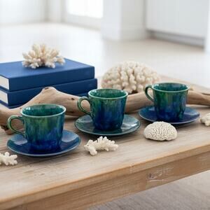 Stangl Mediterranean Art Pottery Cups Saucers Set 3-Blue Green-Coffee-MidCentury
